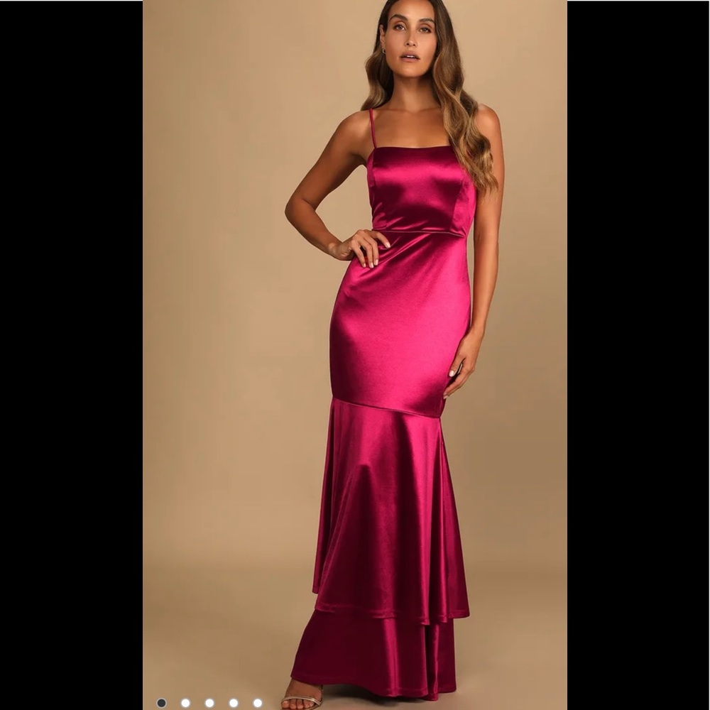 Lulu’s Contemporary Romance Red Satin Tiered Mermaid Maxi Dress